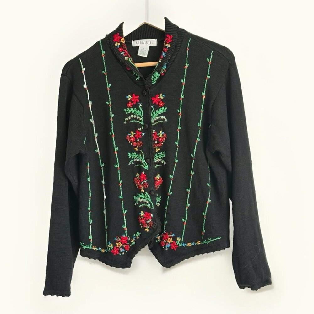 Arriviste Black Floral Vines Cardigan Women’s Large Beaded Embroidered Holiday